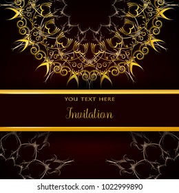 Luxury invitation template with decorative mandala. Golden lace ornament with frame and place for text. For invitation or present card, vintage booklet, web backgrounds