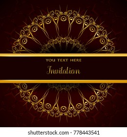 Luxury invitation template with decorative mandala. Golden lace ornament with frame and place for text. For invitation or presrnt card, vintage booklet, web backgrounds