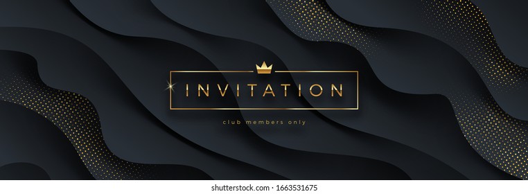 Luxury invitation template. Golden caption in frame with crown on a abstract black layered background with golden halftone. Vector illustration. Design for greeting, invitation, ticket or flyer.