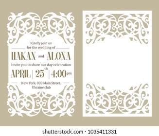 Luxury Invite Card. Laser Cutting White Paper On Beige Background. Floral Pattern Cut Out. Frame With Place For Wedding Text Invitation. Trendy Elegant Template. Edge Design Lace Die. Romantic Style