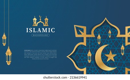 Luxury Islamic arabic ornament pattern frame borders blue and gold background