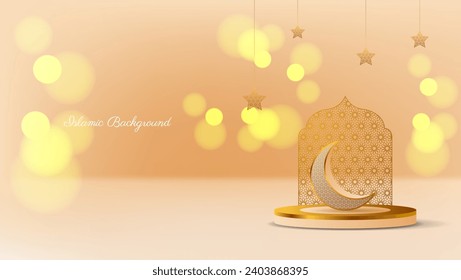 luxury islamic background with crescent, stars, podium and bokeh effect. vector illustration