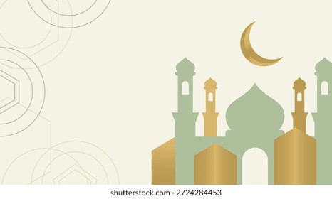 Fundo islâmico de luxo com arte de linha geométrica e ilustração da mesquita de ouro. Cores creme e sábio. Projeto vetorial decorativo para convite ou certificado do Ramadã.