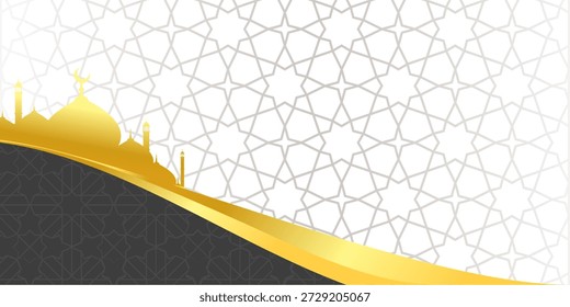 Fondo islámico de lujo con patrones geométricos y horizonte de la mezquita dorada.