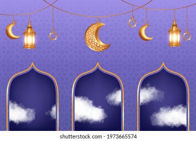 Luxury Islamic background with realistic 3d clouds and golden crescent moon decorations. Islamic background suitable for Ramadan, Eid al Adha, Eid al Fitr.