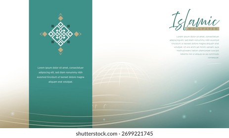 Fondo islámico de lujo con mezquita de arte de línea brillante en el interior. diseño de fondo blanco verde. Plantilla de celebración de evento islámico
