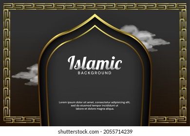 luxury islamic banner background with mosque door and arabsque border, vector illustration