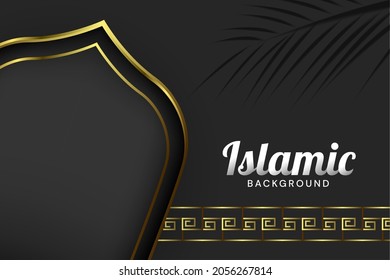 luxury islamic banner background with mosque door and arabsque border, vector illustration