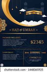 Diseño islamico de color azul oscuro de lujo con elemento dorado para el volante hajj o umrah, folleto,banner,ilustración vectorial de fondo