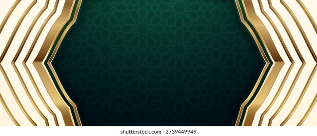 Luxury Islamic dark green background with golden arched frame