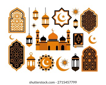 Conjunto de diseño islámico de lujo para el Ramadán. Incluye siluetas de mezquita, linternas colgantes, lunas de media luna y intrincados patrones de ventanas doradas y negras para saludos elegantes.