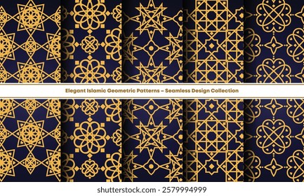 Luxury Islamic geometric patterns with seamless gold and navy design, perfect for elegant backgrounds and decor
