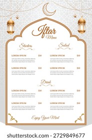 luxury islamic Iftar Menu with decorative ornament pattern and lantern	
