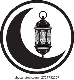 Luxury Islamic lantern with crescent moon in circular frame. Decorative Arabic lamp silhouette for Ramadan Kareem, Eid Mubarak, and religious festivals. Elegant vector ornament for greeting cards.