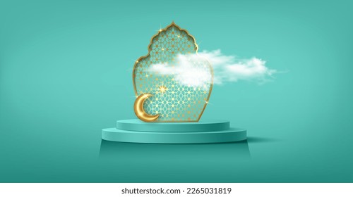 Luxury Islamic Podium with gold arabic window traditional islamic symbols. 3D Horizontal Banner for product showcase, Product presentation, cosmetic, base, ramadan sales, colorful gradient background