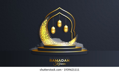 Luxury Islamic Podium with gold crescent moon and traditional islamic lantern. Horizontal Islamic Banner for product showcase, Product presentation, cosmetic product, base, ramadan sales.