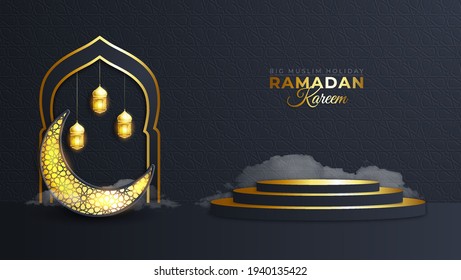 Luxury Islamic Podium with gold crescent moon and traditional islamic lantern. Horizontal Islamic Banner for product showcase, Product presentation, cosmetic product, base, ramadan sales.