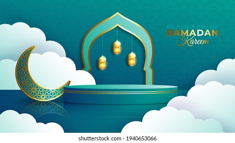 Luxury Islamic Podium with gold crescent moon and traditional islamic lantern. Horizontal Islamic Banner for product showcase, Product presentation, cosmetic product, base, ramadan sales.