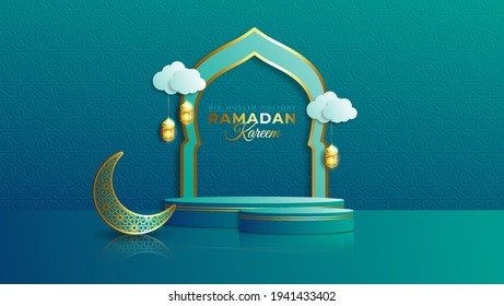 Luxury Islamic Podium with gold crescent moon and traditional islamic lantern. Horizontal Islamic Banner for product showcase, Product presentation, cosmetic product, base, ramadan sales