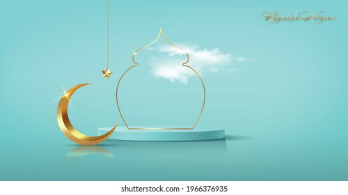 Luxury Islamic Podium with gold crescent moon, traditional islamic window frame. 3D Horizontal Arabic Banner for product showcase, Product presentation, cosmetic, base, ramadan sales, blue background