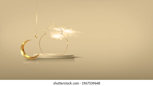 Luxury Islamic Podium with gold crescent moon, traditional islamic window frame. 3D Horizontal Arabic Banner for product showcase, Product presentation, cosmetic, base, ramadan sales, beige background