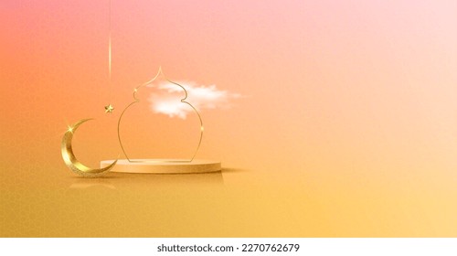 Luxury Islamic Podium with gold crescent moon, traditional islamic window frame. 3D Horizontal Arabic Banner for product showcase, Product presentation, cosmetic, base, ramadan sales, color background