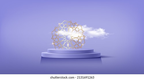 Luxury Islamic Podium with gold frame traditional islamic symbols. 3D Horizontal Arabic Banner for product showcase, Product presentation, cosmetic, base, ramadan sales, purple background