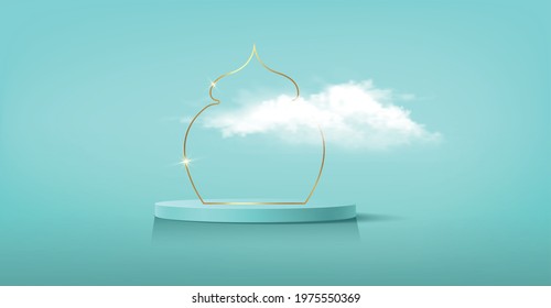 Luxury Islamic Podium with gold traditional islamic window with fluffy cloud. 3D Horizontal Arabic Banner for product showcase, Product presentation, cosmetic, base, ramadan sales, blue background