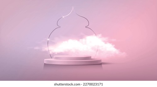 Luxury Islamic Podium with gold traditional islamic window with fluffy cloud. 3D Horizontal Arabic Banner for product showcase, Product presentation, cosmetic, base, ramadan sales, pink background