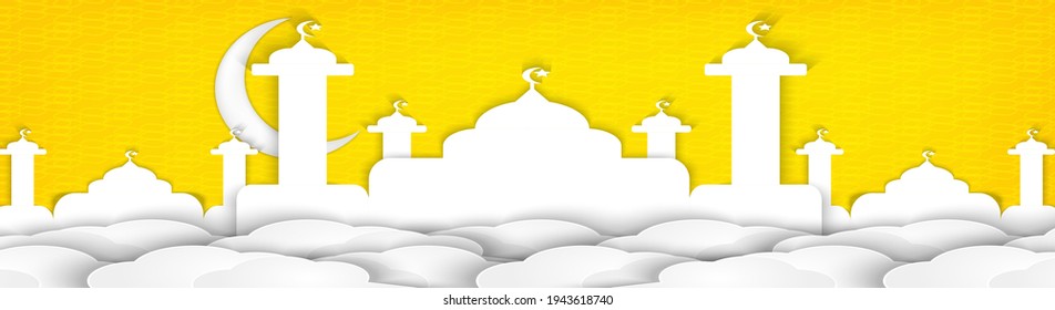 Luxury islamic ramadan header web banner vector design with minimalist,trendy, and silhouette moon,mosque,star and cloud. fit for islamic business,invitation,greeting,social media template, etc.