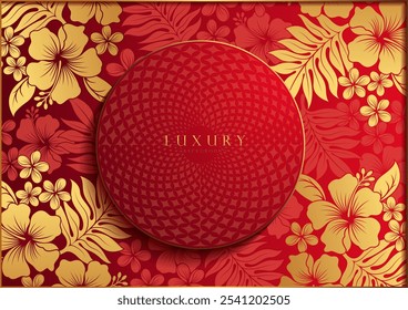 Fondo islámico de lujo del círculo del hibisco rojo y oro. Perfecto para invitaciones, Fondos de pantalla y plantillas web de Diwali. Ilustración vectorial, no generada por IA