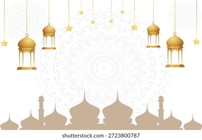 Fundo vetorial islâmico de luxo ideal para saudações do Ramadã, banners e convites com elementos de mesquita e lanterna.