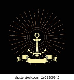 luxury Isolated vintage design of anchor logo with black background and gold combination colors.