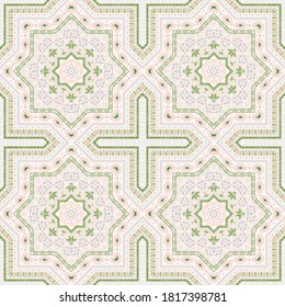 Luxury italian maiolica tile seamless ornament. Geometric texture vector patchwork. Bedcover print design. Traditional italian mayolica tilework repeating pattern. Wall decoration template.
