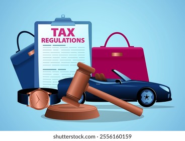 Luxury items alongside tax regulatory documents and a gavel, symbolizing financial governance, luxury taxes, legal regulations, or economic policies