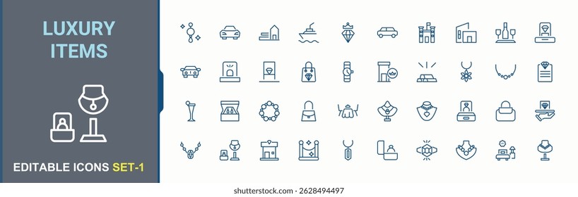 Luxury Items related icon set. Containing beauty, element, product, luxury and more. Luxury Goods icon set. Minimalist vector collections. Pixel perfect. Vector illustration.