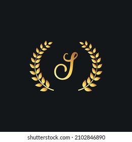 Luxury J monogram alphabet letter golden laurel wreath vector logo design template