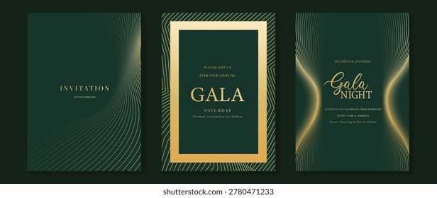 Luxury jade and emerald green gala invitation card set vector. Art deco gold geometric line templates for wedding, party, corporate event, VIP celebration and formal night design.