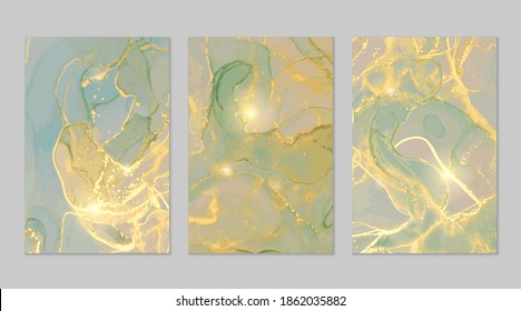 Luxury jade, yellow and gold marble abstract background set. Alcohol ink technique vector stone textures. Creative paint in natural colors with glitter. Backdrop for banner, poster, invitation design