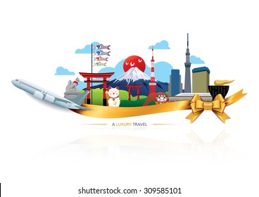 A Luxury Japan travel, Vector travel destinations icon set, Ribbon, airplane, gold ribbon, graphic elements for traveling to Japan