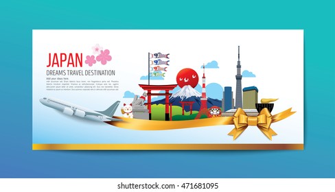 A Luxury Japan travel, Vector travel destinations icon set, Ribbon, airplane, gold ribbon, graphic elements for traveling to Japan. Modern flat design. EPS 10. Colorful.