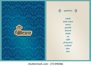 luxury jewel color template for menu - a wooden label on an sapphire blue color pattern and light beige background