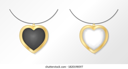 Luxury jewel isolated on white background. Golden pendant template with black and white gem, precious stone. Jewelry mock up. Vector illustration