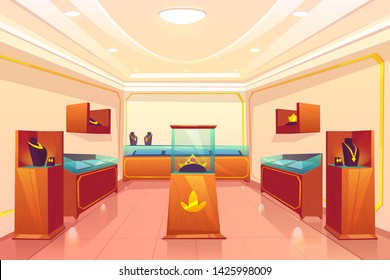 Luxury jewellery store trading room cartoon vector empty interior with precious, elegant necklaces on shelves, golden crown with red gems or rubies under glass showcase in exhibition hall illustration