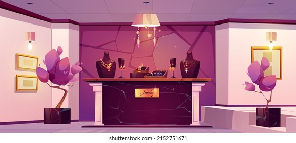 Luxury jewellery store trading room empty interior with elegant precious necklaces on mannequin, golden earrings with gems or diamonds on showcase in exhibition hall, Cartoon vector illustration