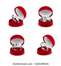 Luxury jewelry 4 sterling silver wedding engagement diamond rings in open red boxes realistic set vector illustration