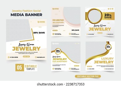 Luxury jewelry business advertisement template set with abstract shapes. Ornament sale social media post collection for digital marketing. Special jewelry promotional poster bundle with golden color.