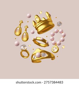 Luxury jewelry elements 3D collection. Golden ring, crown, earrings, necklace and bracelet with gemstone, diamond brilliant. Vector realistic round composition on beige background. Fashion accessories