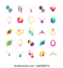 Luxury jewelry flat vector icons. Diamond luxury and jewelry pearl illustration