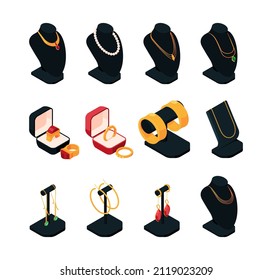 Luxury jewelry. Isometric beauty transparent colored gems treasures pearls golden and platinum rings bracelets garish vector pictures collection set